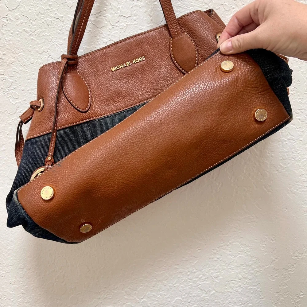 Michael Kors Marina Drawstring Denim Brown Leather Tote Shoulder Bag Designer